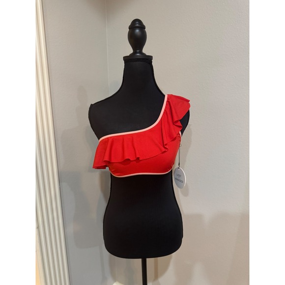 Lost + Wander Red Ruffle One Shoulder Ribbed Swim Top Trendy Size S - Picture 2 of 5